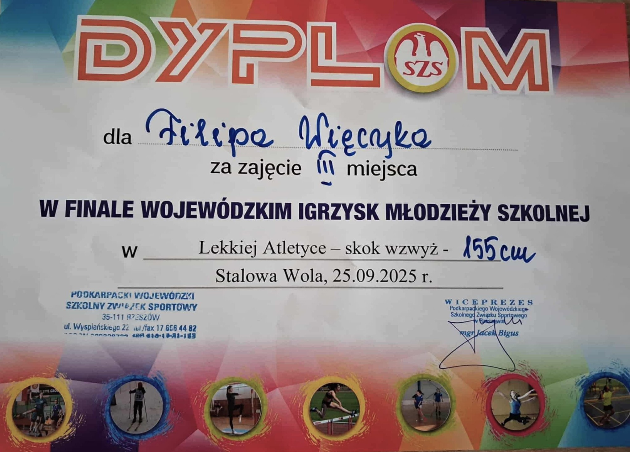 Dyplom Filipa Więcyka za zajęcie III miejsca